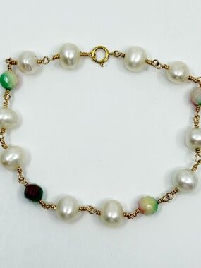 Hand Made 14k gold filled Pearl watermelon tourmaline bracelet - GM952